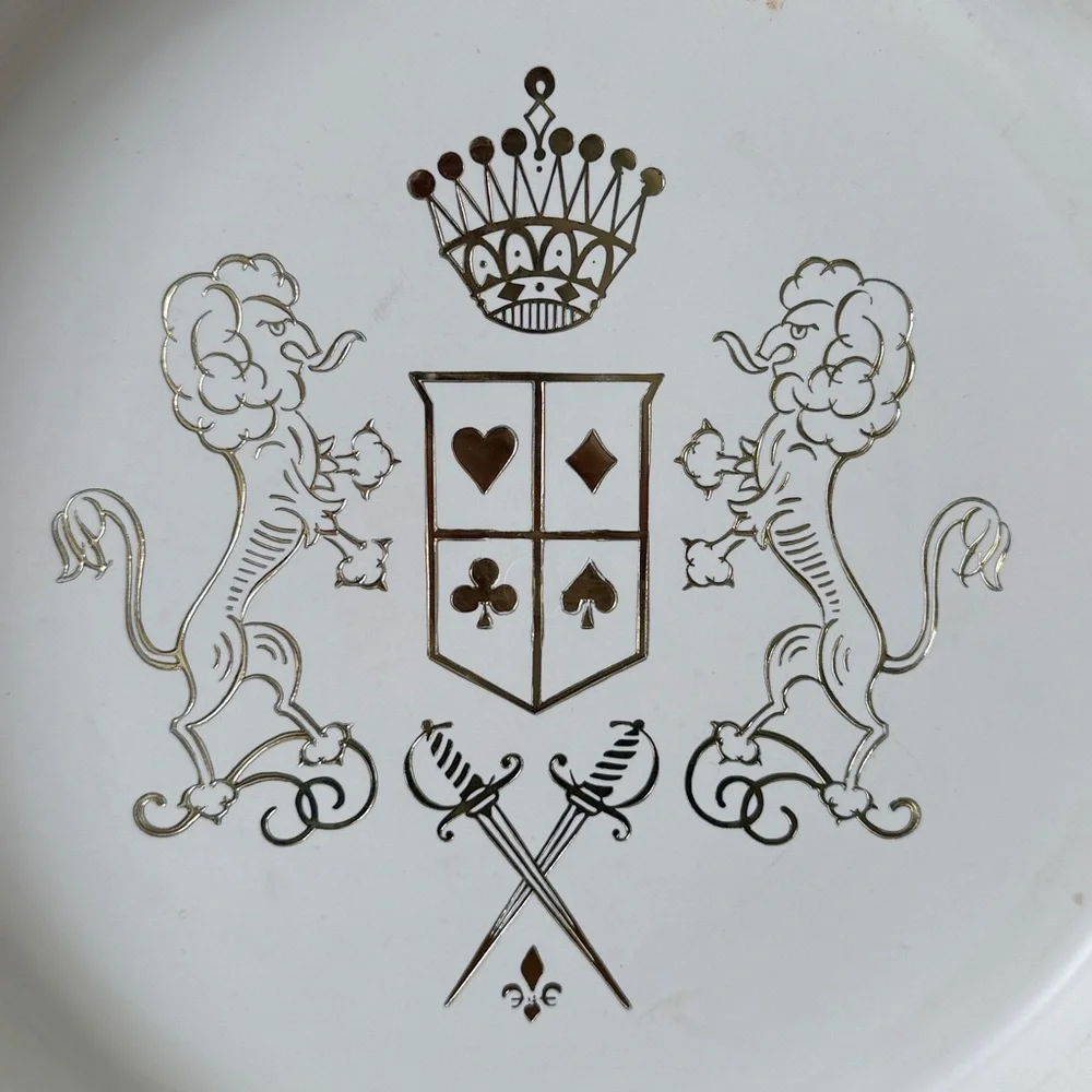 Mid Century Lions Crest Crown Gold and White Round Cocktail Bar Tray - 13”